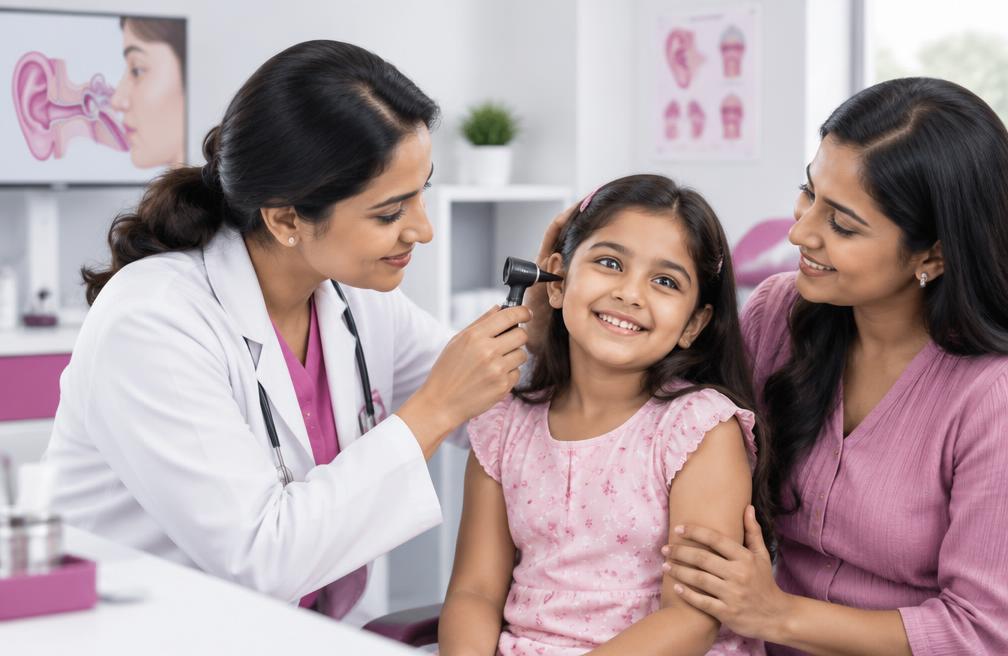 Doctor gently examining a child's ear with a parent present
