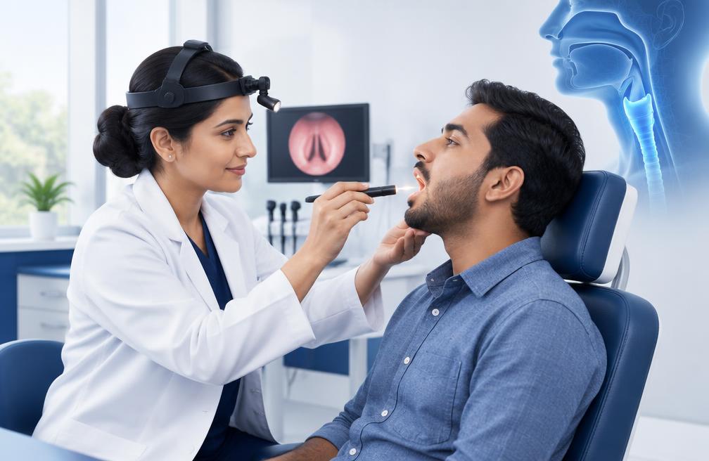ENT doctor performing a throat examination